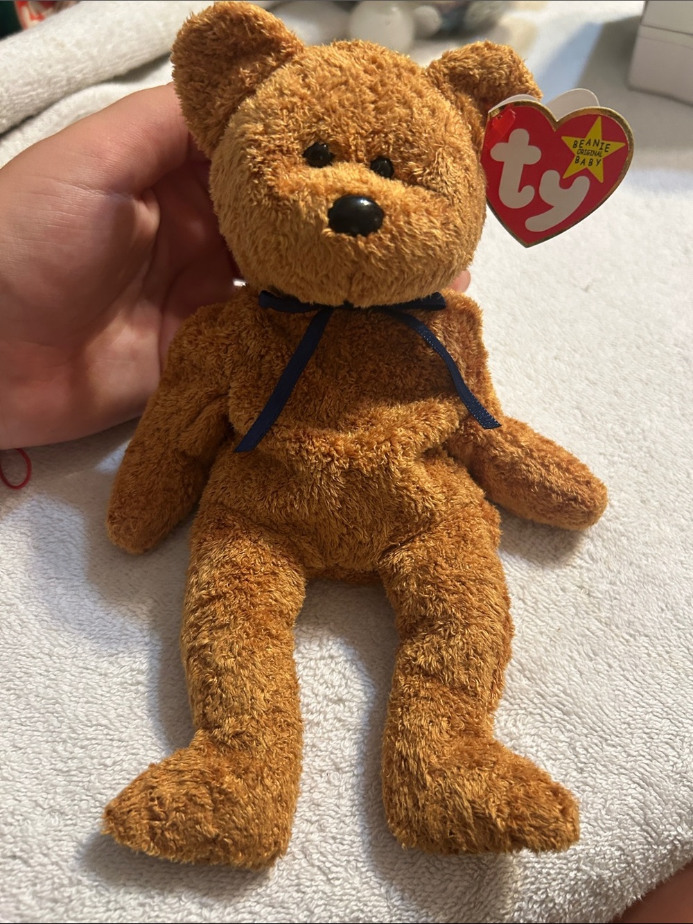 Ty Brown Beanie Baby Teddy with Navy Ribbon